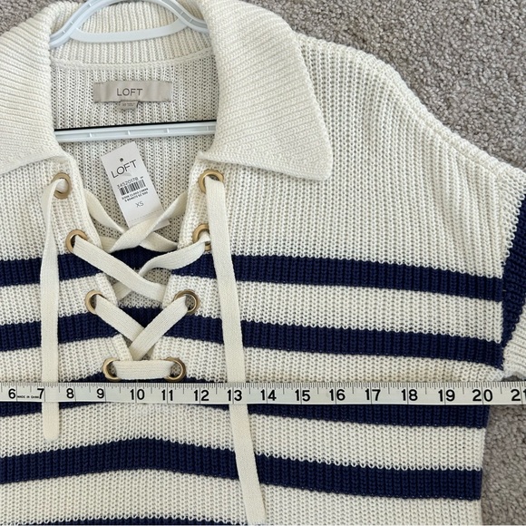 NWT Loft Women’s Blue Ivory Striped Collared Lace Up Tie Neck Knit Sweater Sz XS - Picture 9 of 9